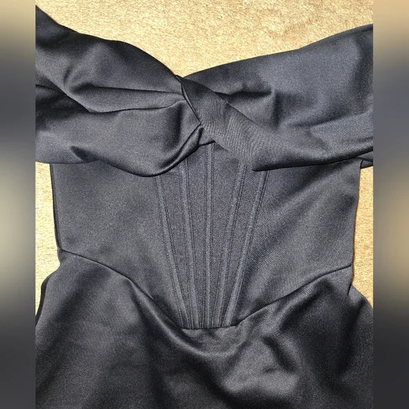 House of CB Nurul Satin Off Shoulder Mini Dress Navy Small - Picture 4 of 11